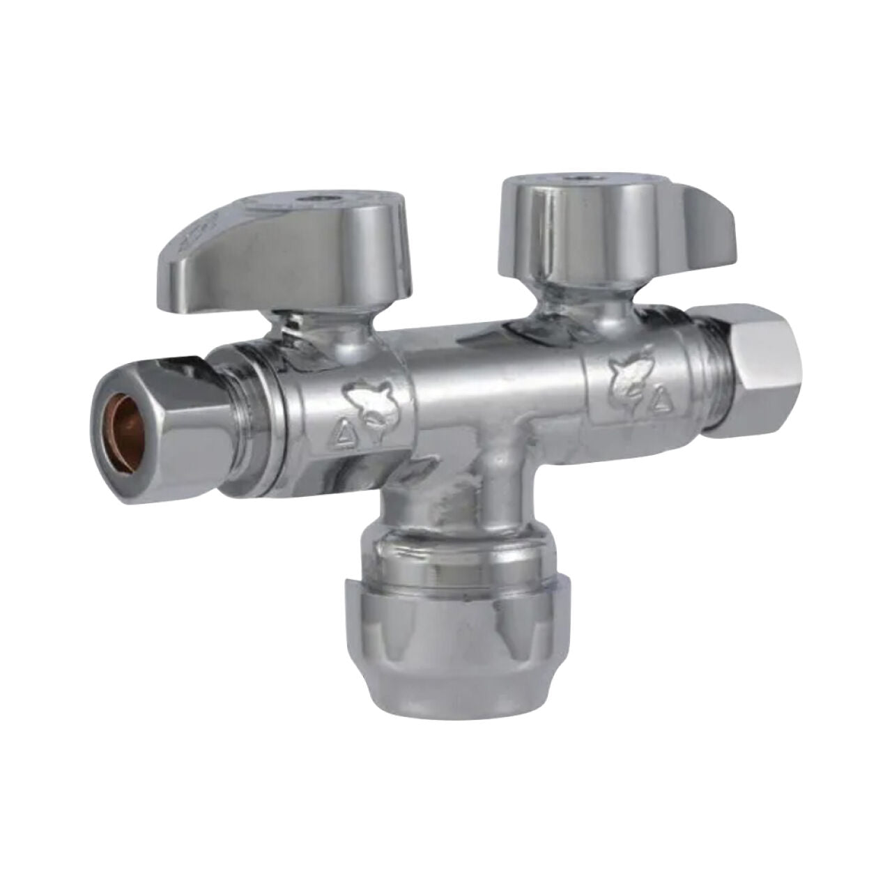 The Go Build 1/2 in. Push to Connect x 3/8 in. O.D. Compression Dual Stop Valve – Chrome features two control knobs and three connection points, ideal for water flow regulation; shown against a white background.